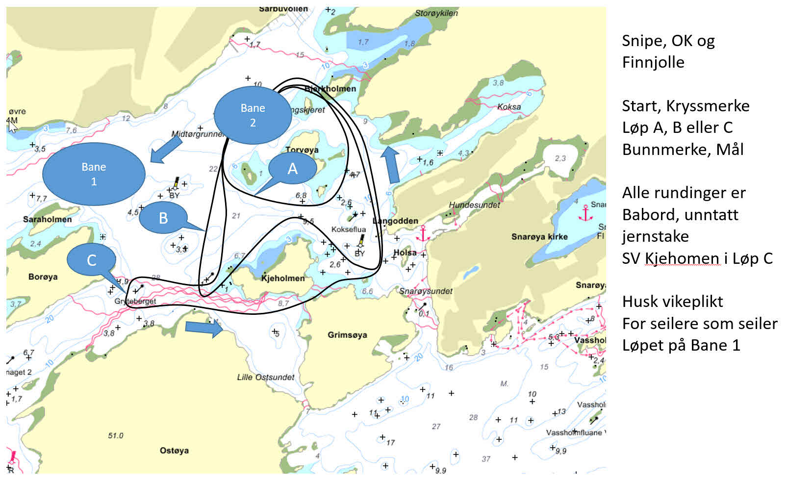 Endret seilingsbestemmelse - Banekart for Snipe og OK jolle