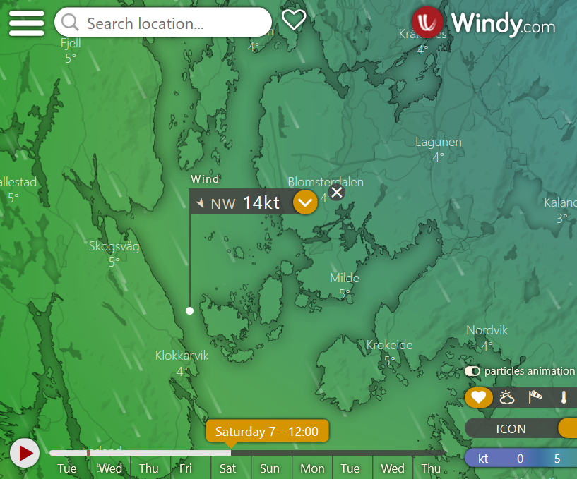 Været på lørdag pr 3.12.2019 - windy.com